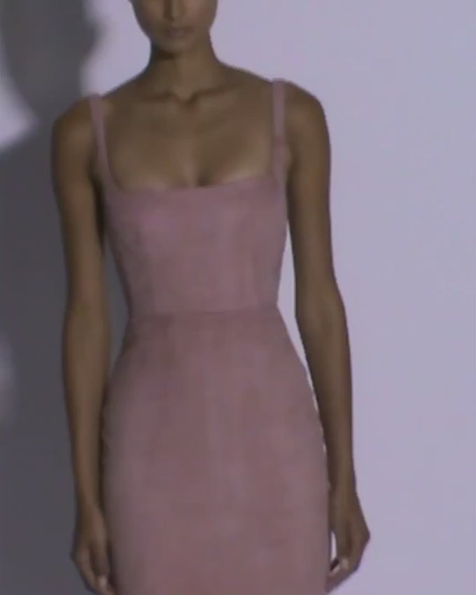 Effortless elegance in luxurious suede. This sleeveless singlet dress features a chic square neckline and flattering cocktail length, perfect for sophisticated evenings and refined occasions.