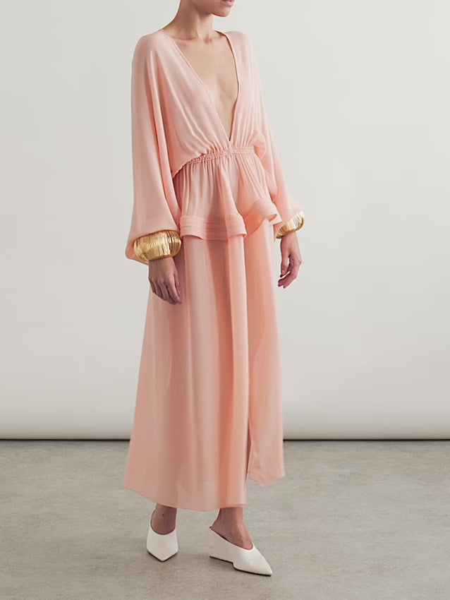 Alaïa's midi dress embodies sweet femininity and effortlessness. Made from floaty georgette, it's gathered at the cinched waist to create beautiful draping and has a plunging V-neckline and reinforced peplum detail.
