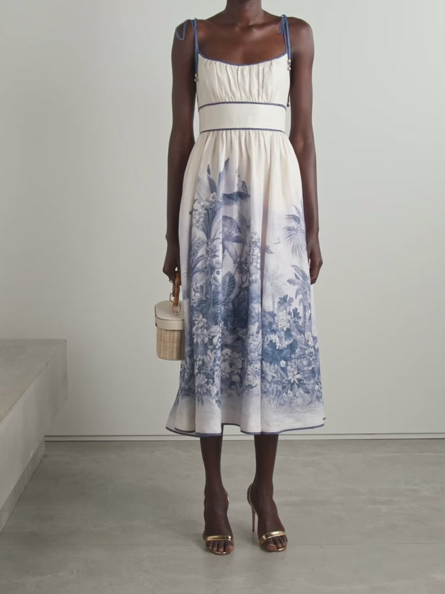 Embrace effortless elegance with the Wylie shirred printed linen midi dress. Crafted from breathable linen, this dress offers comfort and style for warm days. The shirred detailing gently shapes your silhouette while the printed pattern adds a fresh, feminine touch. Perfect for casual outings or special occasions, it ensures you feel confident and poised wherever you go.